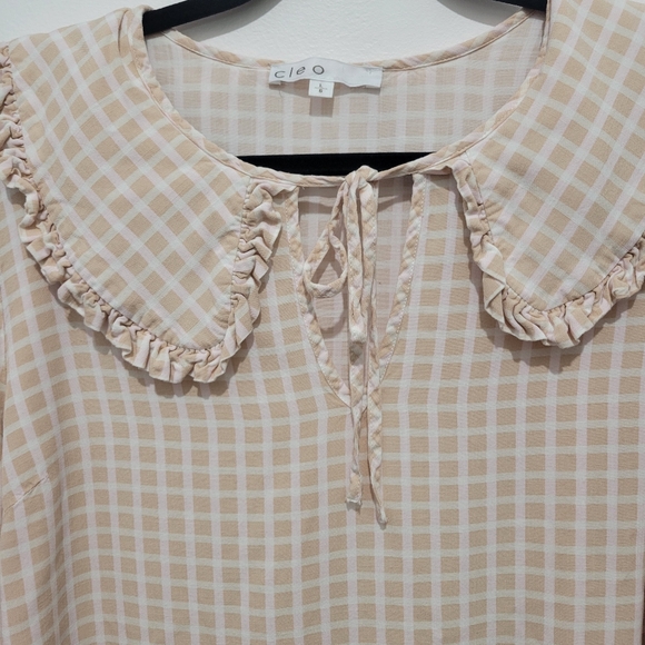 CLEO WOMEN PETER PAN COLLAR GINGHAM PULLOVER LONG SLEEVE BLOUSE - Picture 4 of 11